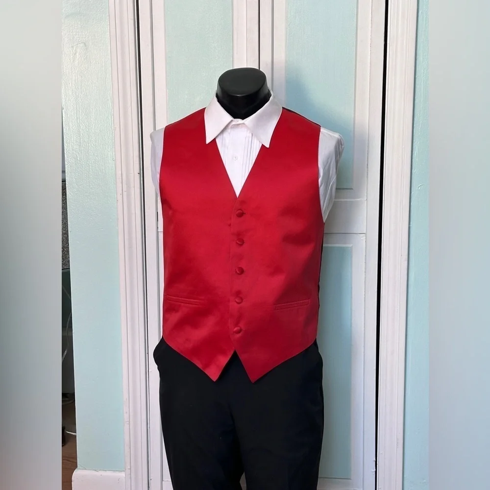Scarlet Apple Bright Red Satin Closed Back Vest Wedding Prom Men’s S Small
